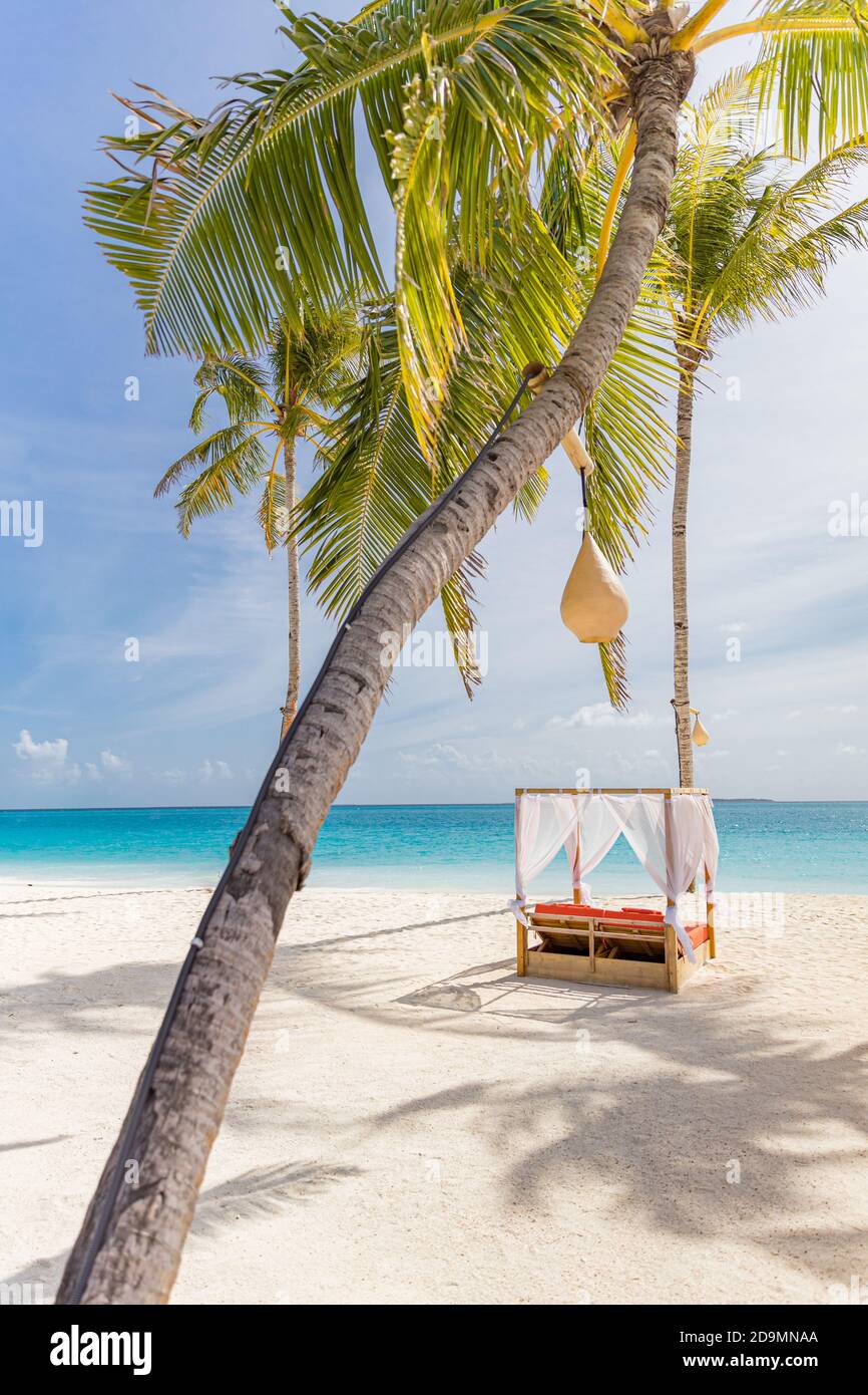 Sedie a sdraio, spiaggia di sabbia baldacchino su un'isola tropicale alle Maldive. Palme da cocco e loggia sull'oceano Indiano, lettini e ombrelloni all'ombra Foto Stock