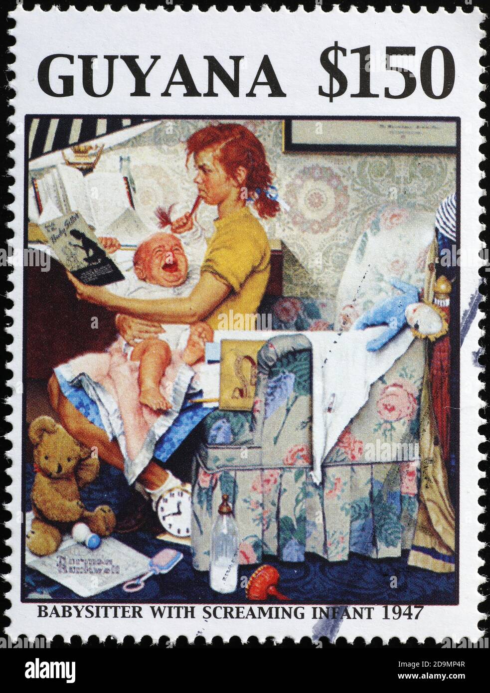 Babysitter con urlante infante di Norman Rockwell sul francobollo Foto Stock