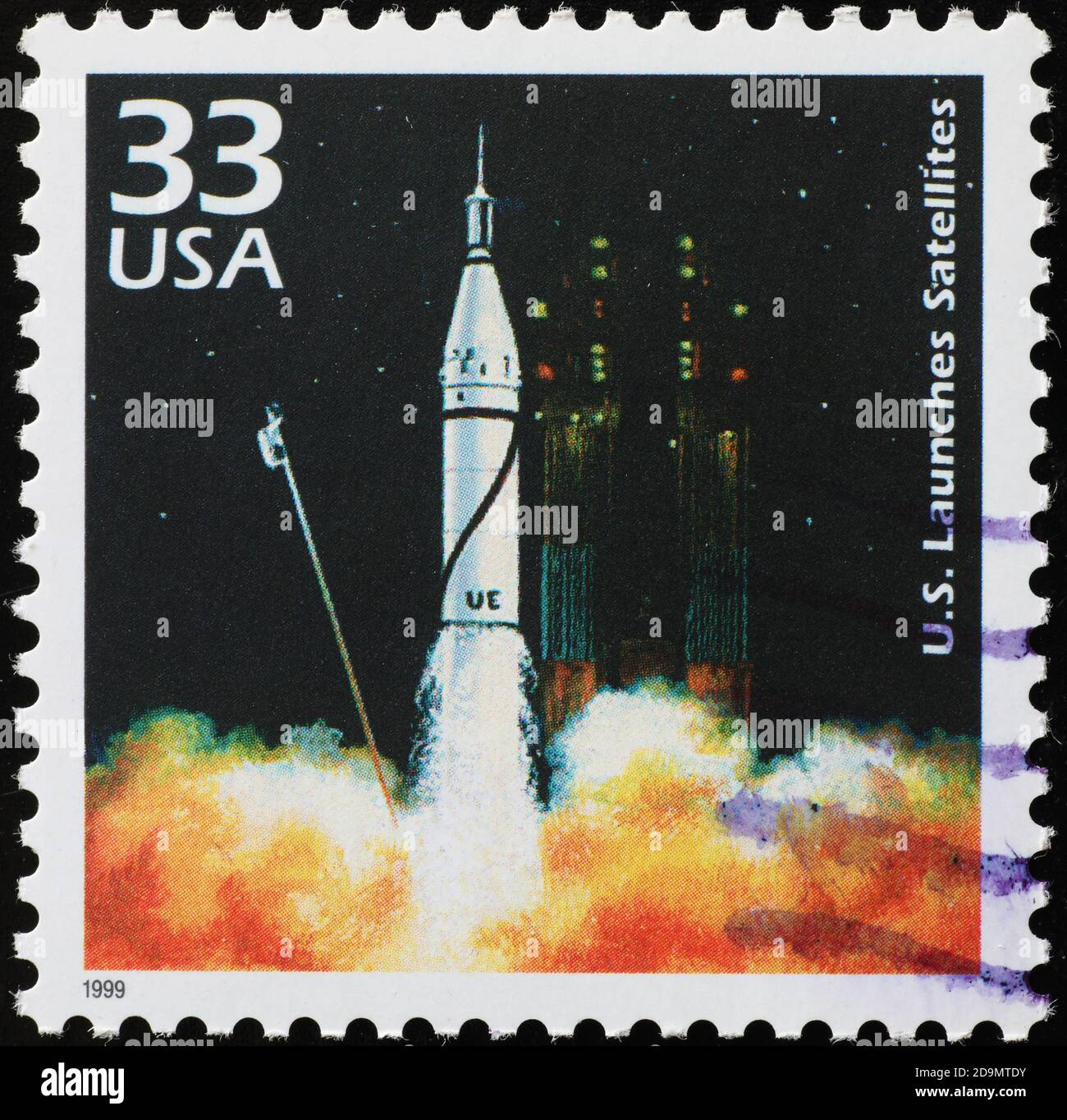 Lancio di un razzo spaziale sul francobollo americano Foto Stock