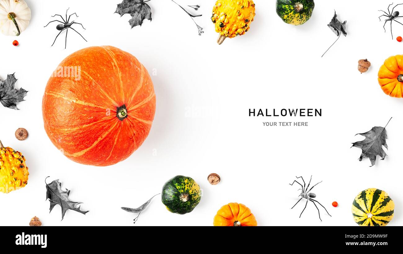 Layout creativo con zucca, foglie autunnali e ragni. Composizione di Halloween su sfondo bianco. Vista dall'alto, disposizione piatta. Concetto di vacanza, spazio di copia Foto Stock