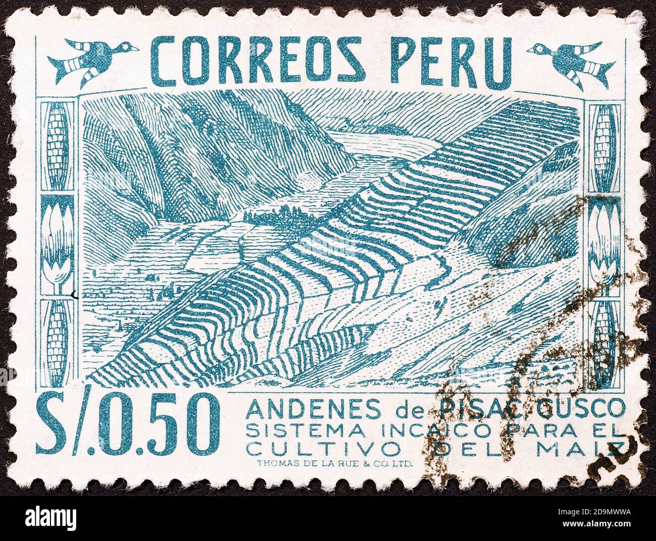 Antichi raccolti terrazzati peruviani su francobollo d'epoca Foto Stock