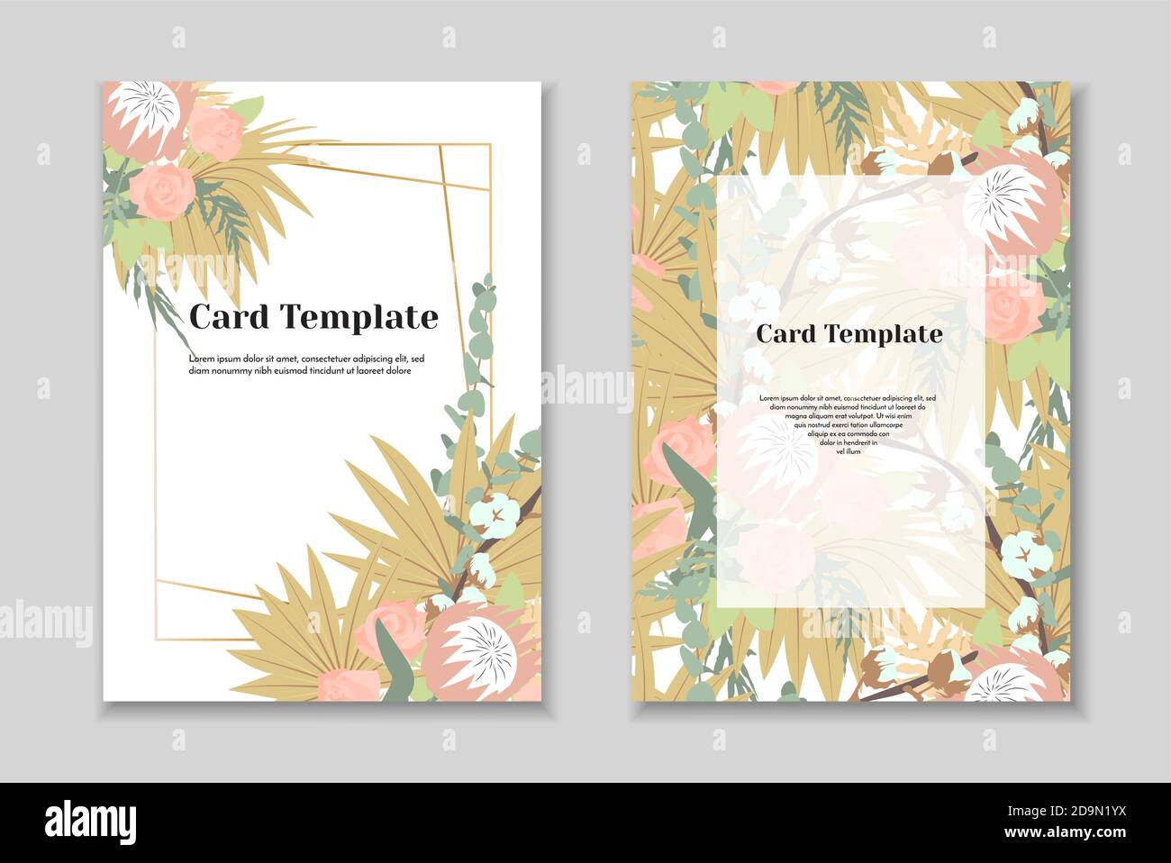 Set di 2 modelli di carta boho greting, colori pastello tenui, sfondo bianco. Cornice geometrica dorata. Illustrazione Vettoriale