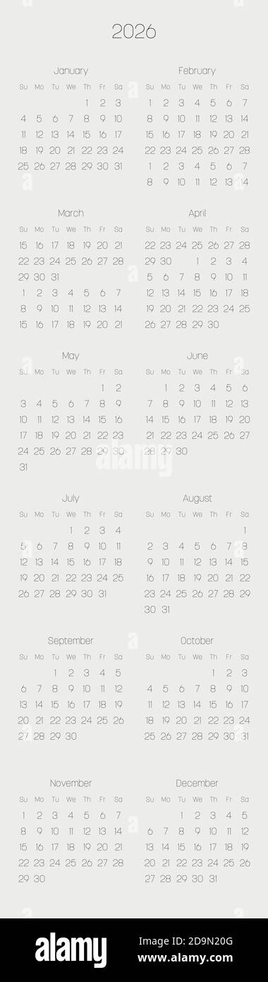 Calendario mensile dell'anno 2026. La settimana inizia la domenica. Blocco di mesi in due colonne e sei file disposizione verticale. Design minimalista e sottile. Illustrazione vettoriale. Illustrazione Vettoriale