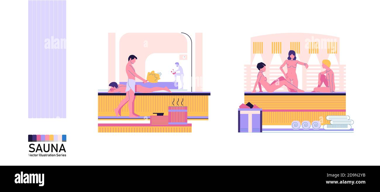 Persone che nuotano in sauna, uomini e donne, set di due illustrazioni, stile piatto, isolato su bianco, spazio per il testo. Bagno di vapore russo, sauna finlandese, ja Foto Stock