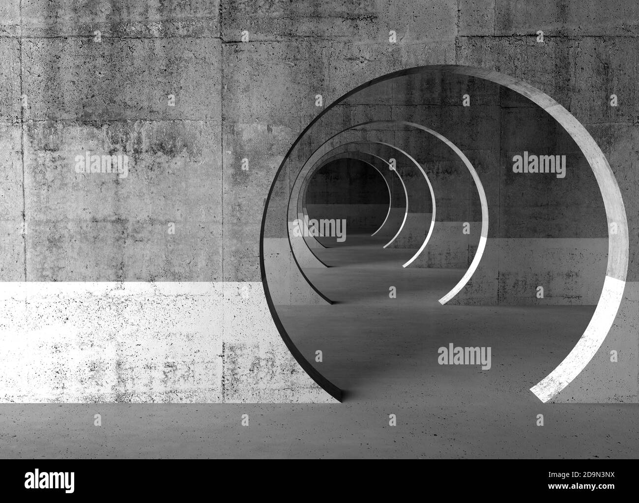 Fondo interno vuoto del tunnel in cemento, sfondo grintoso della galleria con porte rotonde, rappresentazione 3d Foto Stock