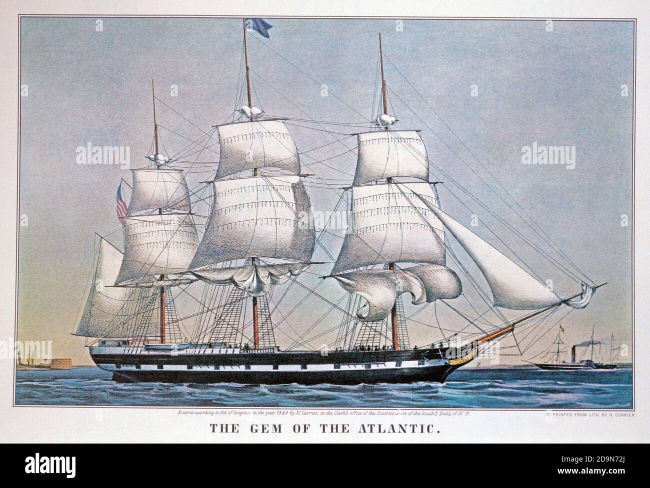 1840 TRE ALBERI ALTA NAVE A VELA IL GEM DEL ATLANTIC - LITOGRAFIA CURRIER & IVES - 1849 - KA6516 LAN001 HARS FULL-RIGGED CURRIER E IVES COMMERCIO CURRIER IVES ROSSO VELE BIANCHE E BLU RIGGED TRIBORDO 1840 S 1849 VECCHIO STILE IMBARCAZIONE Foto Stock