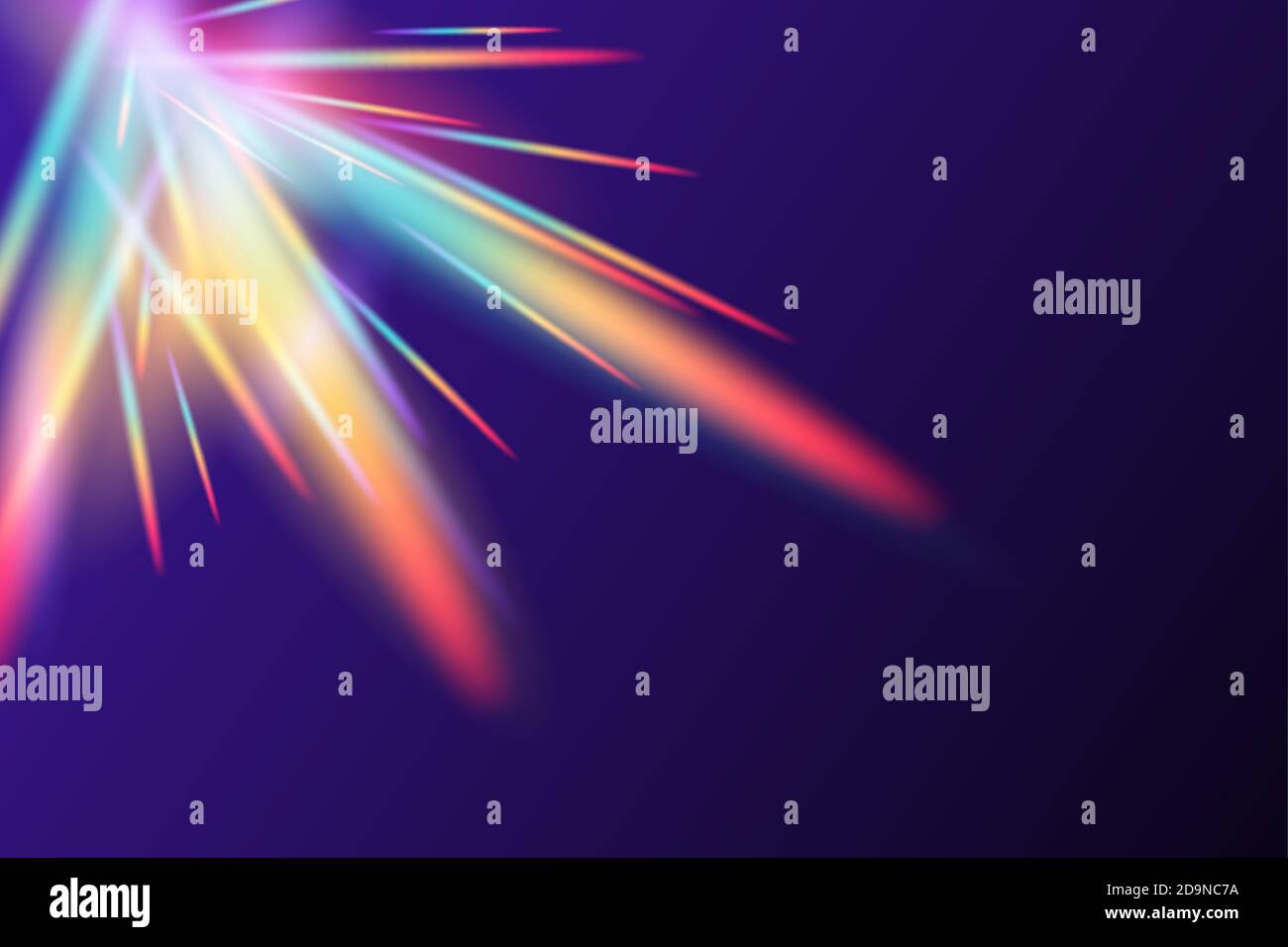 Effetto realistico dell'obiettivo Rainbow Flare. Illustrazione vettoriale del riflesso di sovrapposizione della texture a rifrazione della luce per foto e mockup. Olografica trasparente Illustrazione Vettoriale