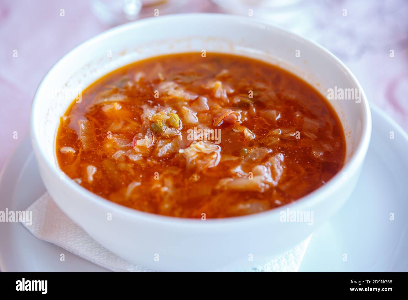 Una tazza di borscht a base di patate, verdure e carne. Primo piano Foto Stock