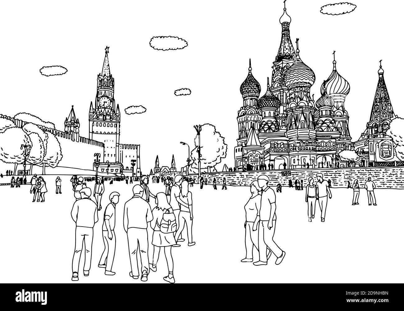Persone o turisti a piedi Cremlino e Cattedrale di San Basilio alla Piazza Rossa a Mosca Russia vettore illustrazione schizzo doodle mano disegnata con blac Illustrazione Vettoriale