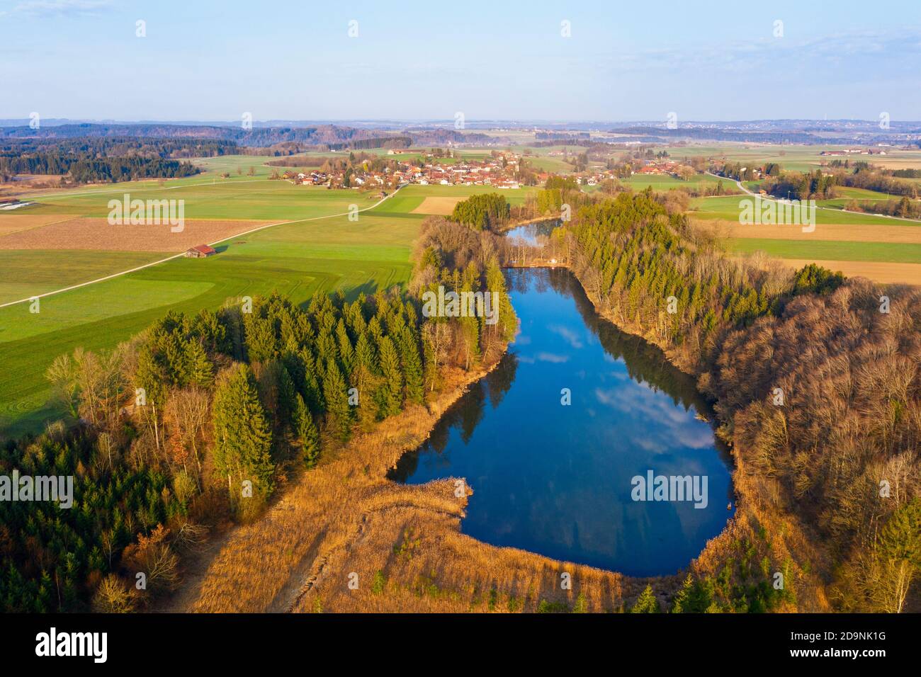 Thanninger Weiher, Thanning, vicino Eging, Tölzer Land, immagine del drone, alta Baviera, Baviera, Germania Foto Stock