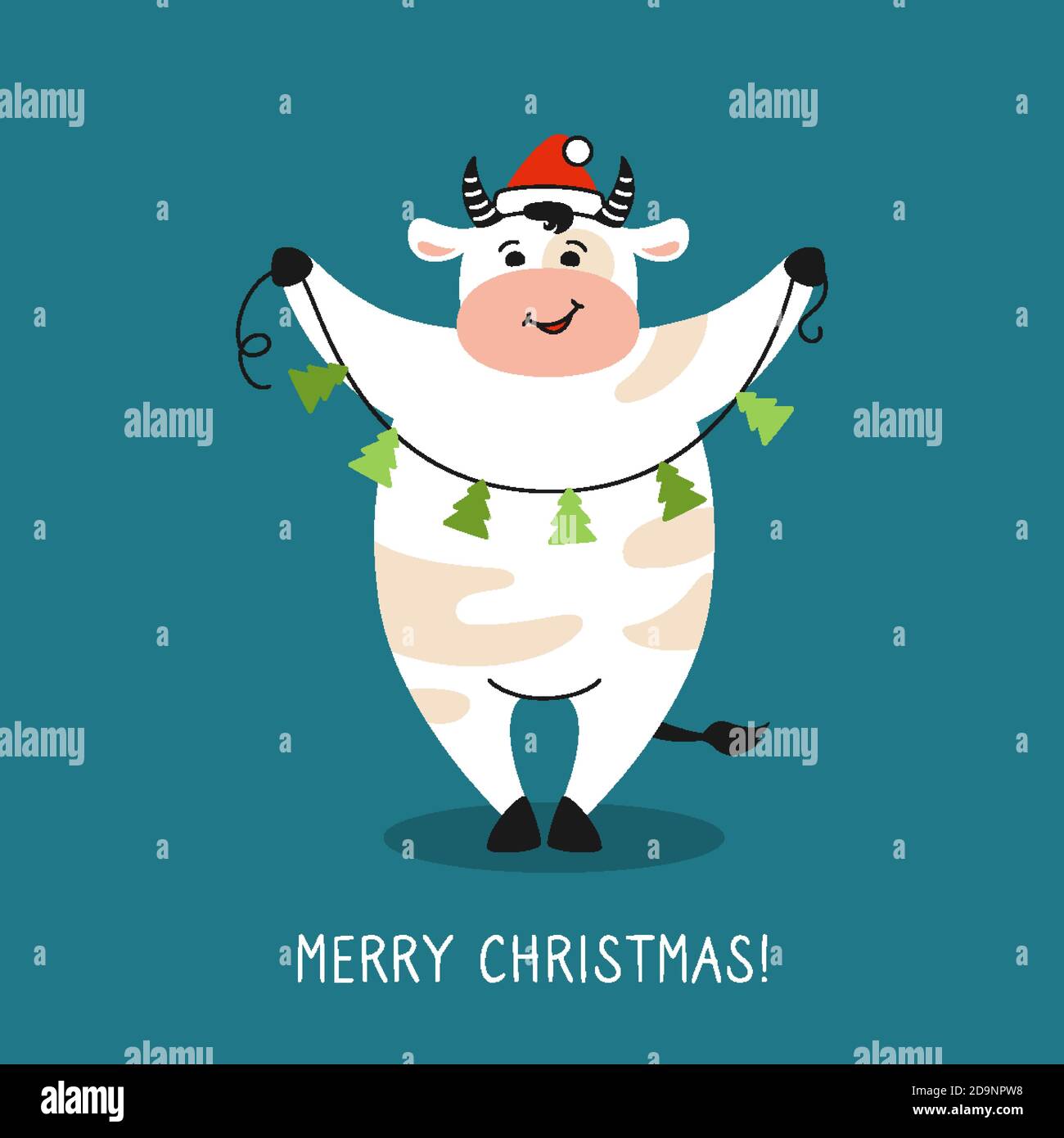 Toro con albero di garland, biglietto di auguri di Natale. Simbolo del nuovo anno: Vacca, bufalo o vitello. Buon Natale e Felice Anno Nuovo. Vettore di vacanze di carattere animale disegnato a mano Illustrazione Vettoriale