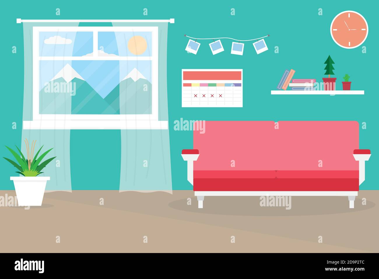 Colore di concetto del soggiorno interno con pianta in room.Vector e. illustrazione Illustrazione Vettoriale