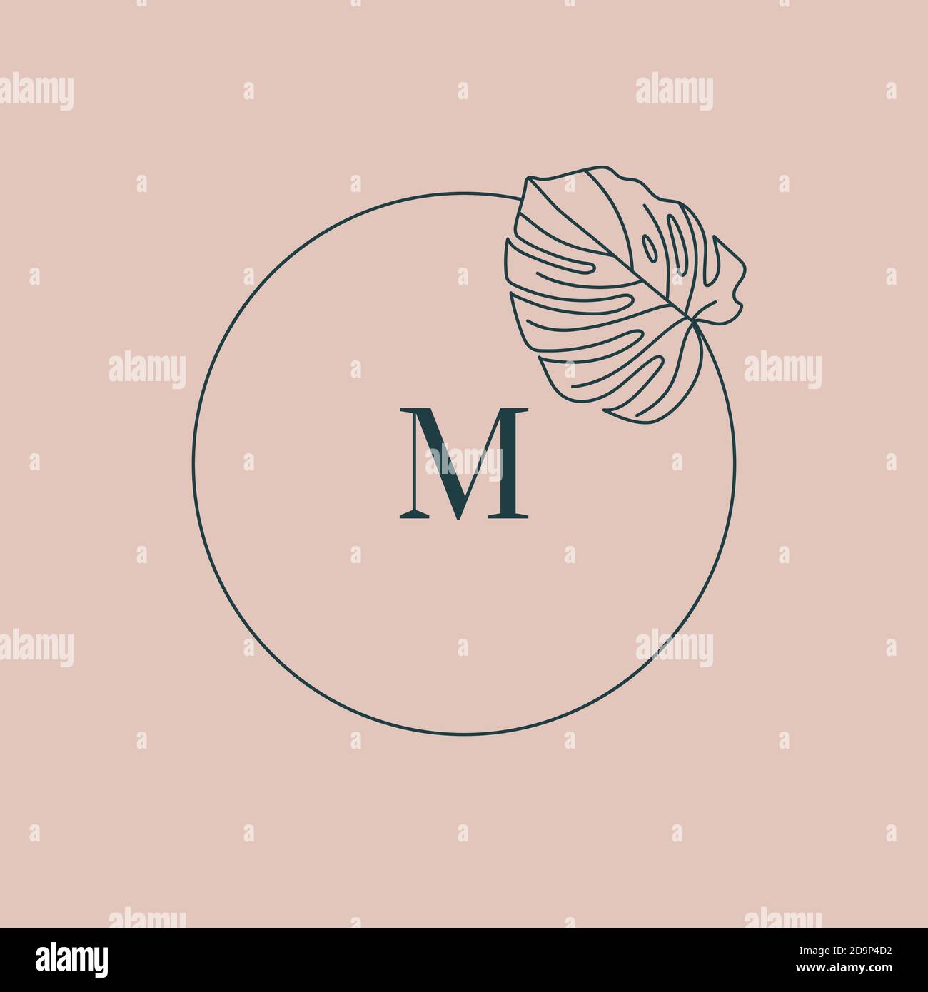Monogramma a foglia di Monstera in stile lineare semplice e minimale. Vector Exotic Floral Wreath con foglie tropicali e la lettera M per Beauty, SPA Salon, Illustrazione Vettoriale