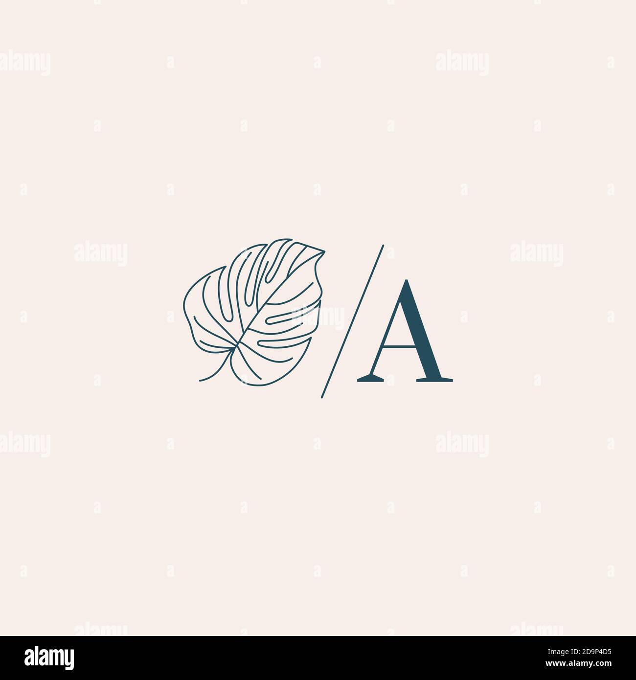 Monogramma a foglia di Monstera in stile lineare semplice e minimale. Emblema floreale Vector Exotic con foglie tropicali per la bellezza, salone SPA, studio creativo Illustrazione Vettoriale
