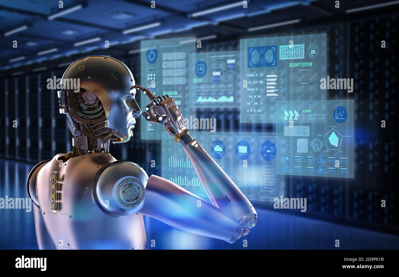 rendering 3d cyborg che lavora con la visualizzazione grafica virtuale nel server camera Foto Stock