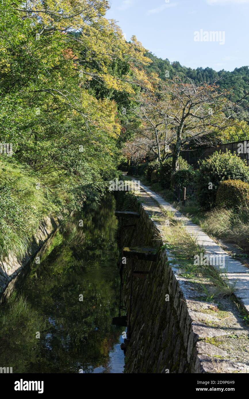 Vista del sentiero dei Filosofi (哲学の道, Tetsugaku no michi), un percorso in pietra lungo un canale attraverso la parte settentrionale del quartiere Higashiyama di Kyoto. Foto Stock