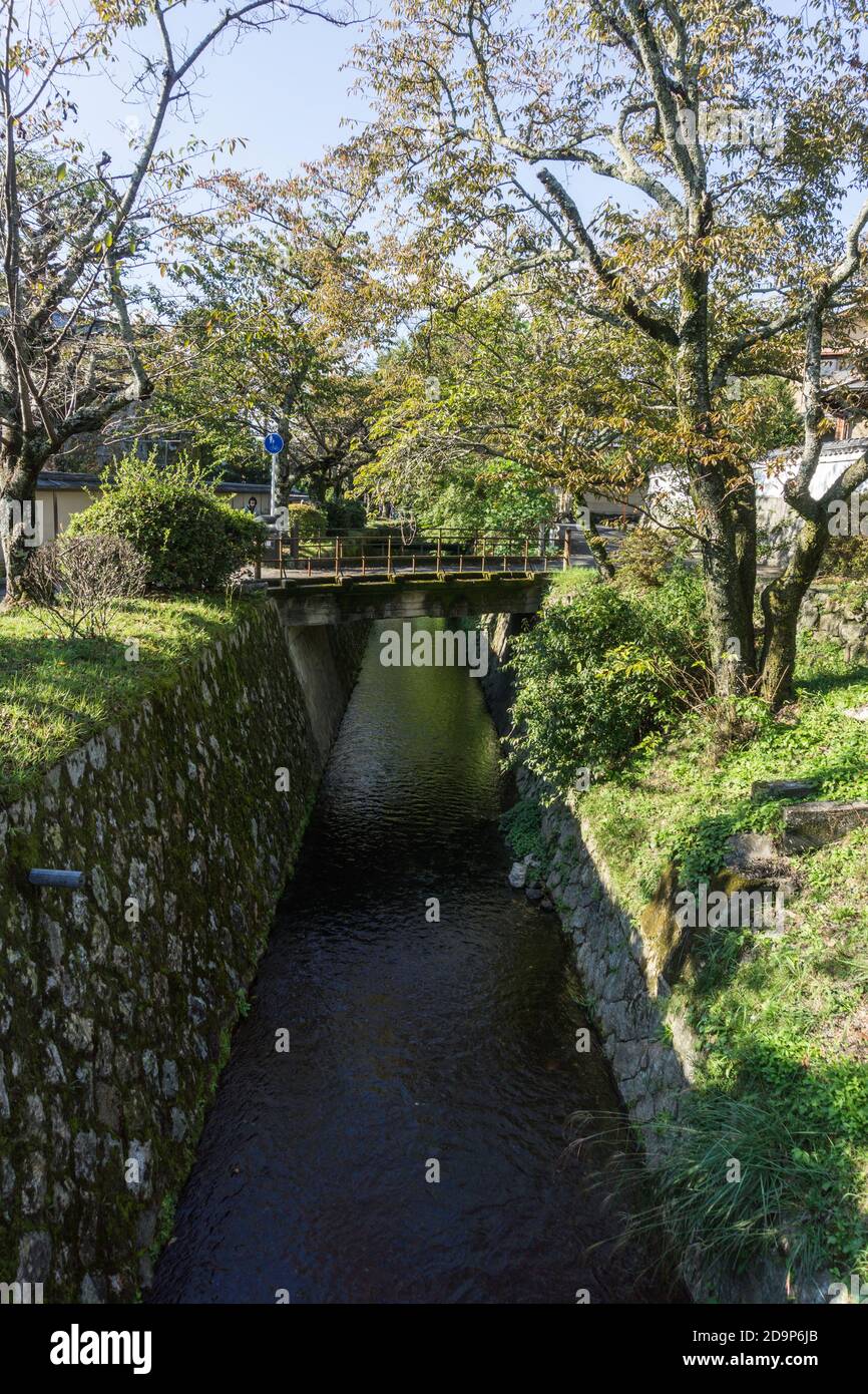 Vista del sentiero dei Filosofi (哲学の道, Tetsugaku no michi), un percorso in pietra lungo un canale attraverso la parte settentrionale del quartiere Higashiyama di Kyoto. Foto Stock