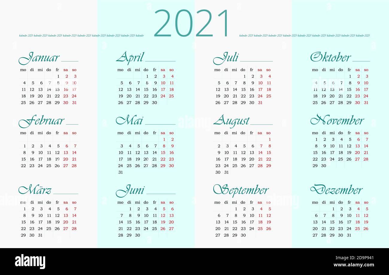 2021 modello di calendario mensile tedesco. 12 mesi. Design orizzontale semplice e pulito. Vector 10 EPS Illustrazione Vettoriale