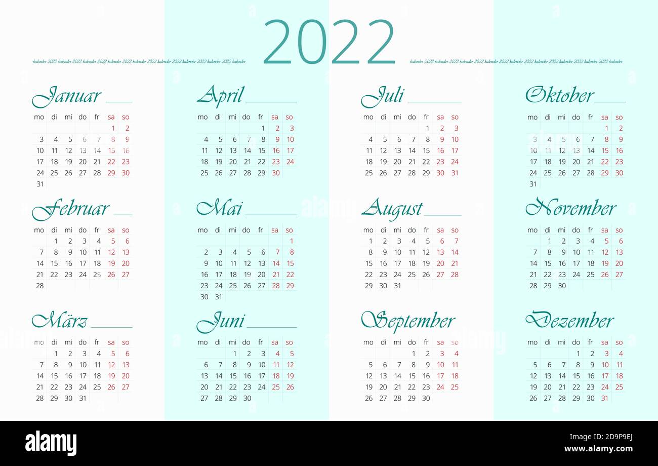 2022 modello di calendario in tedesco. 12 mesi. Design orizzontale semplice e pulito Illustrazione Vettoriale