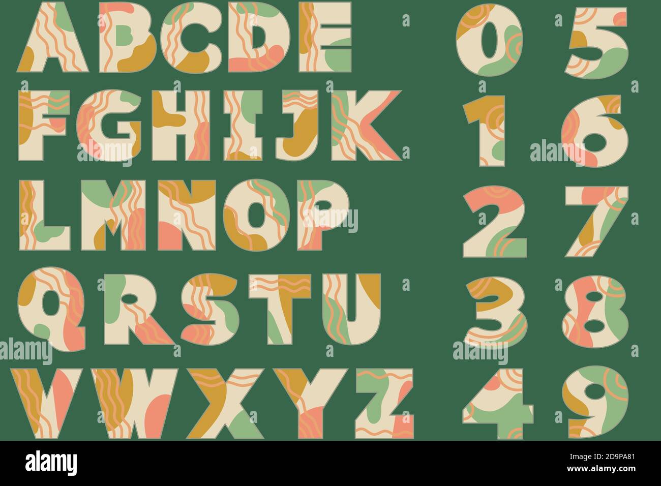 alfabeto vettoriale e numeri in stile retrò. Illustrazione Vettoriale