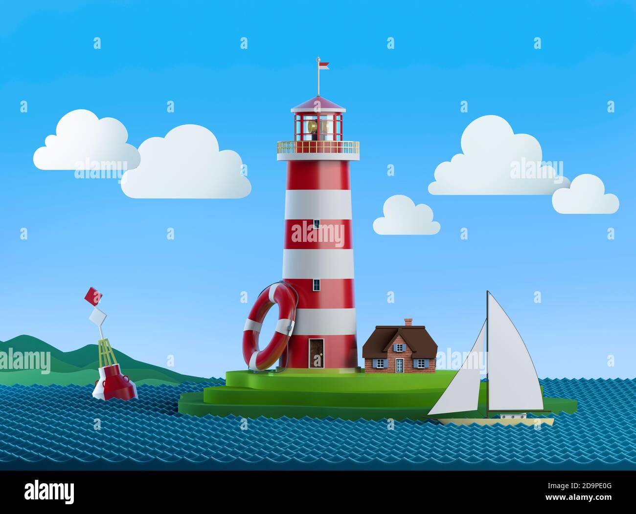 Illustrazione stilizzata del mare con faro, bagnoschiera, boa, nave a vela, nuvole e colline Foto Stock