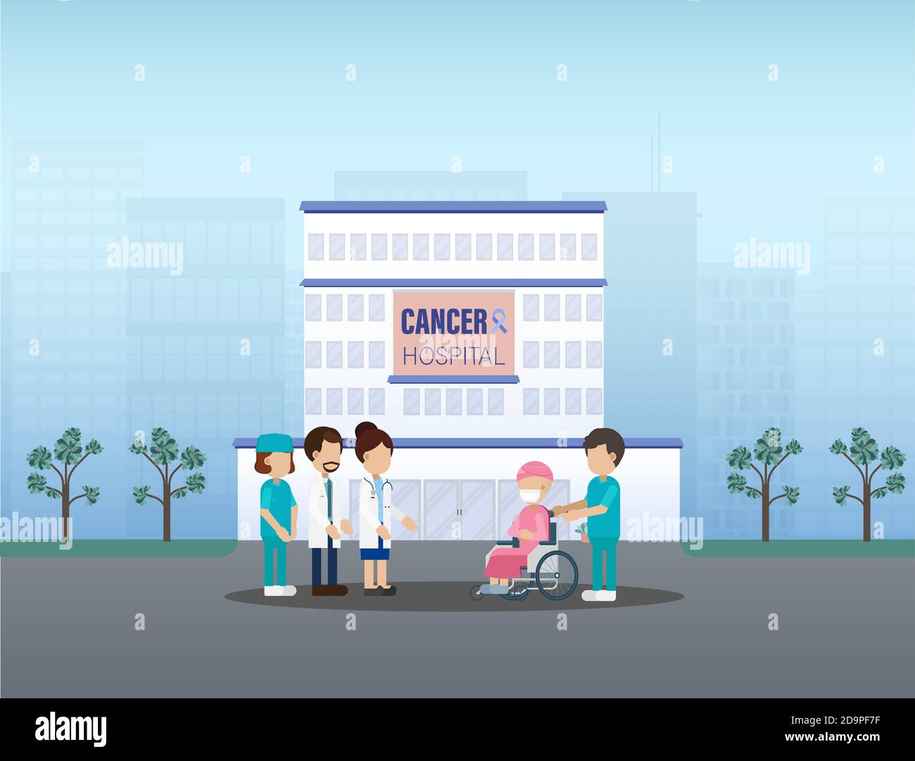 Cancro ospedale con personale medico piano disegno vettoriale illustrazione Illustrazione Vettoriale