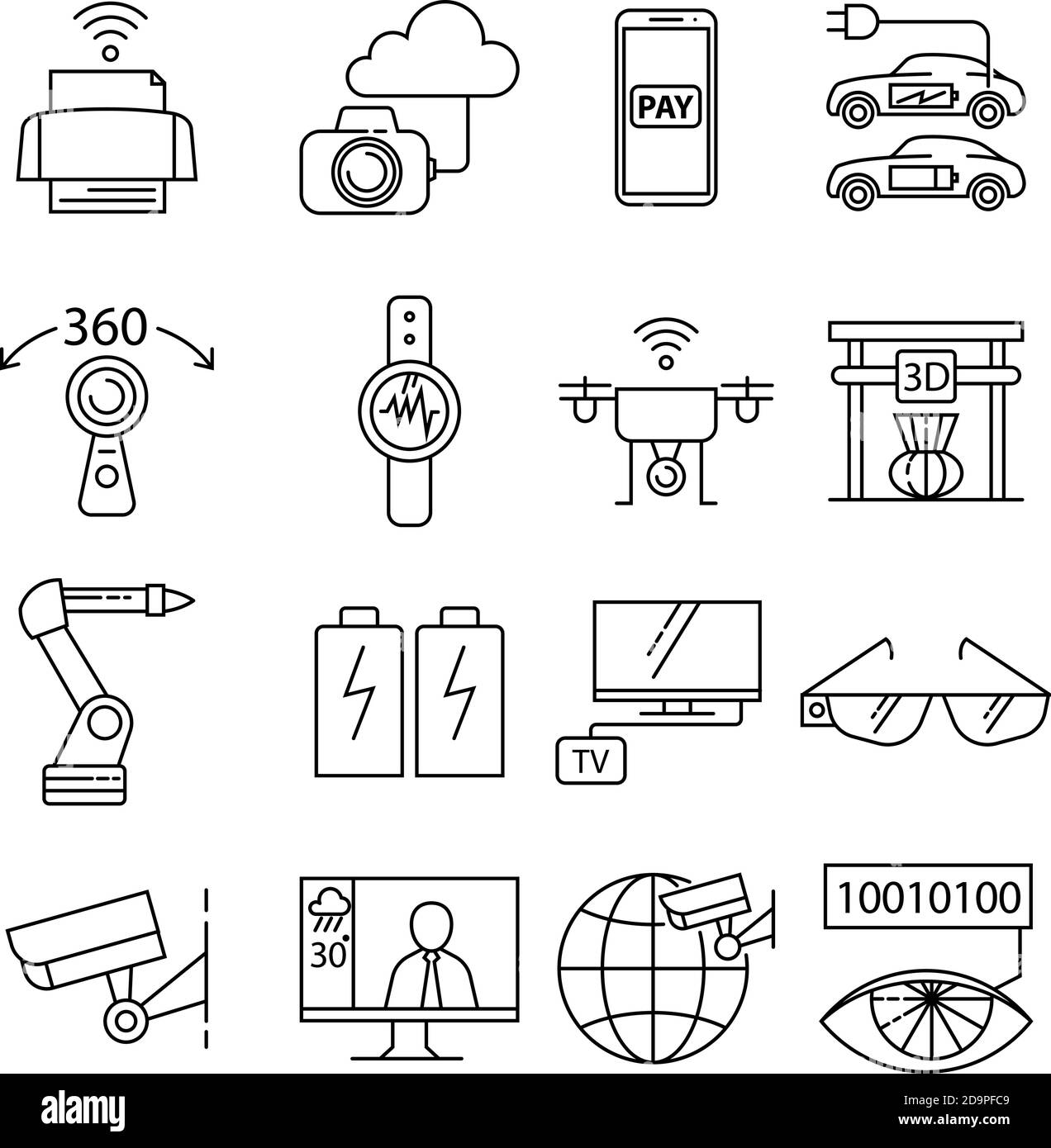 Serie di icone della tecnologia a contorni sottili. Macchina fotografica, intelligenza artificiale, robotica. Illustrazione vettoriale. Illustrazione Vettoriale