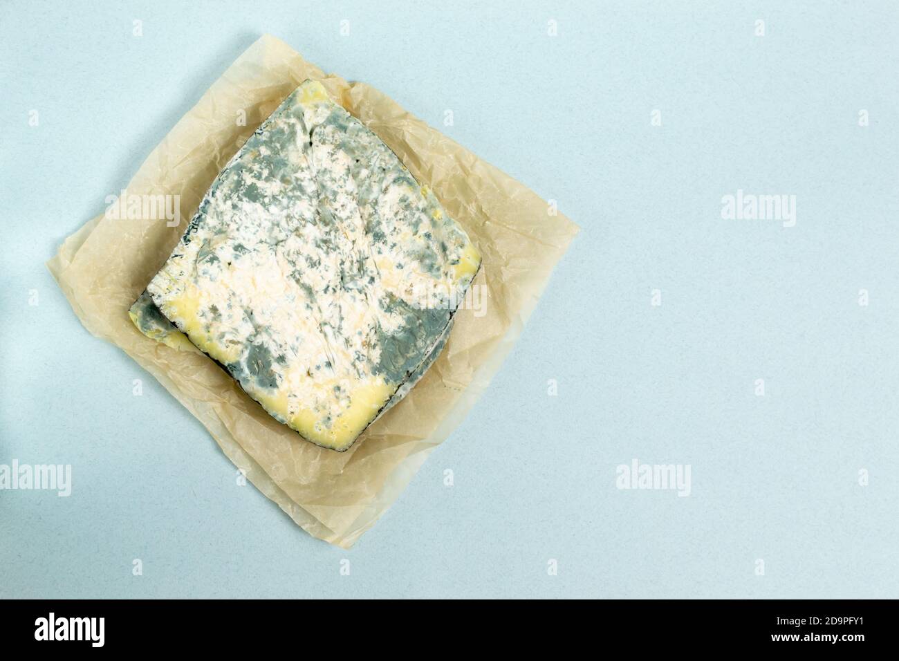 Diversi pezzi di formaggio guastato con funghi su sfondo blu. Concetto di spreco di cibo. Orientamento orizzontale. Spazio di copia. Foto Stock