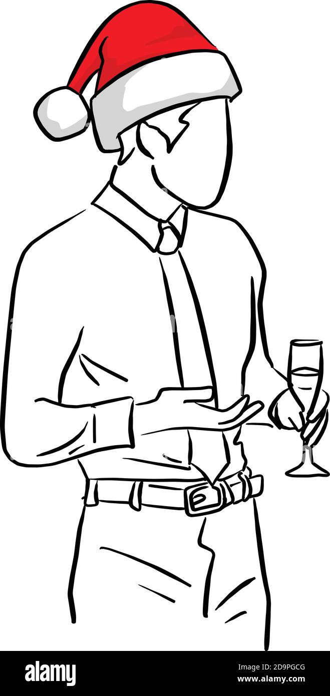 uomo d'affari con cappello rosso santa che tiene il vetro in vettore partito illustrazione schizzo doodle mano disegnata con linee nere isolate su sfondo bianco Illustrazione Vettoriale