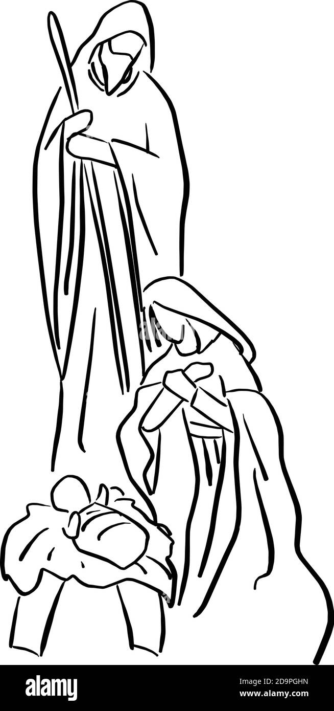 Presepe Cristiano di Natale scena del bambino Gesù in mangiatoia con Mary e Joseph illustrazione vettoriale schizzo doodle mano disegnata con linee nere isolate Illustrazione Vettoriale