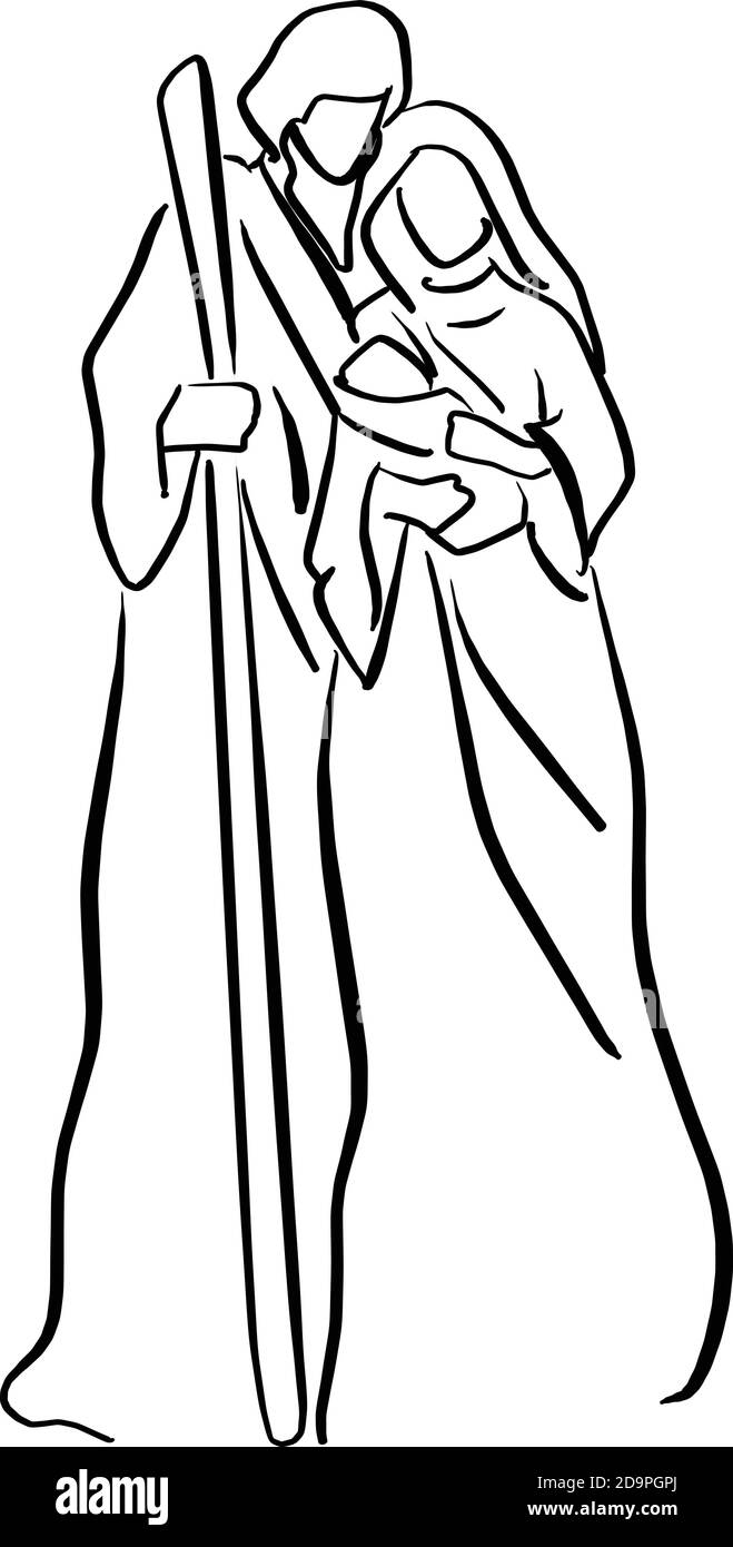 Presepe scena con bambino Gesù, Maria e Joseph illustrazione vettore schizzo doodle mano disegnata con linee nere isolate su sfondo bianco. Illustrazione Vettoriale