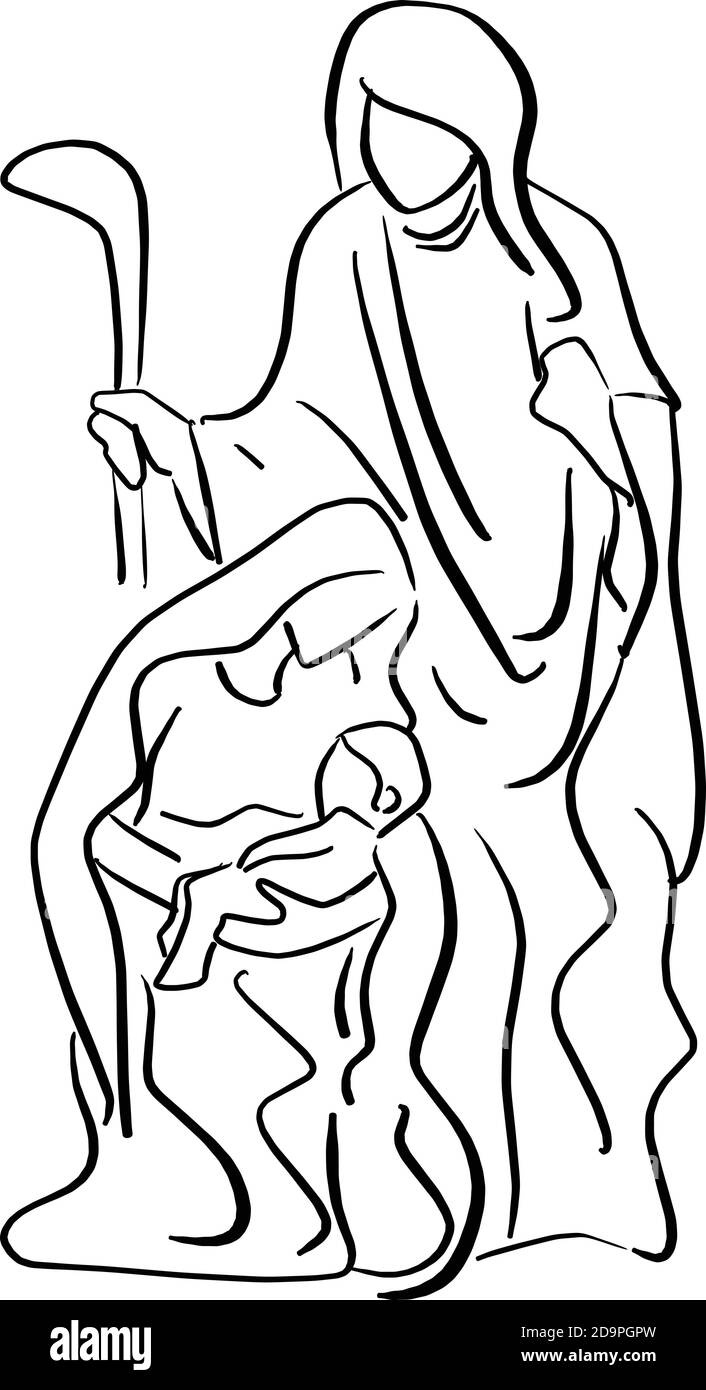 Presepe scena del bambino Gesù nel braccio di Maria illustrazione vettore schizzo doodle mano disegnata con linee nere isolate su sfondo bianco. Illustrazione Vettoriale