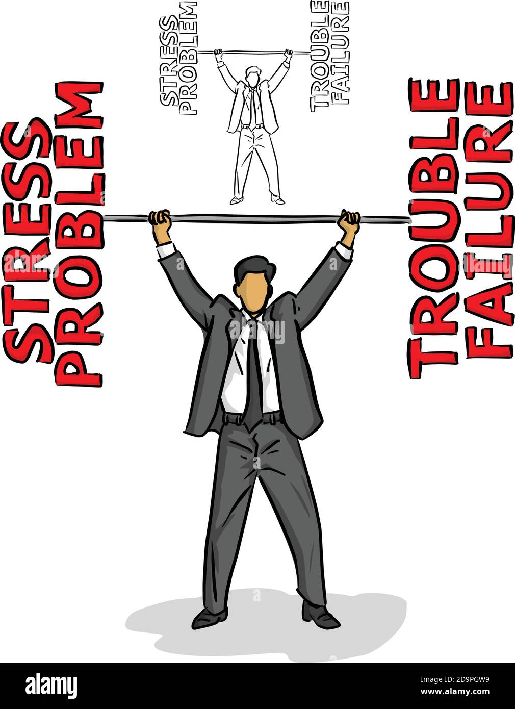 uomo d'affari che solleva un barbell delle parole negative rosse vettore illustrazione schizzo doodle mano disegnata con linee nere isolate su sfondo bianco. BU Illustrazione Vettoriale