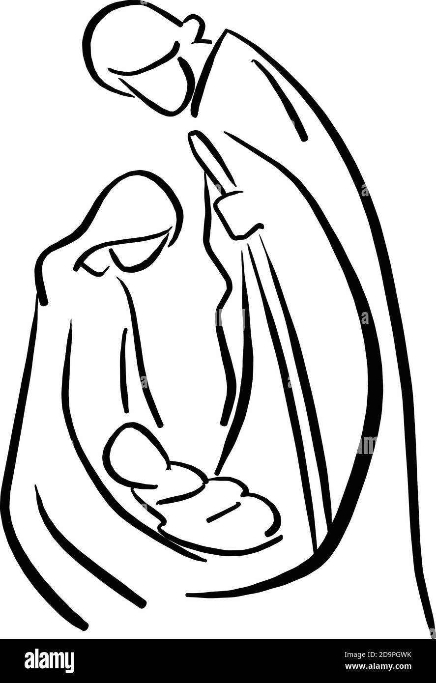 Presepe scena con Sacra Famiglia vettore illustrazione schizzo doodle mano disegnata con linee nere isolate su sfondo bianco. Tempo di Natale. Illustrazione Vettoriale