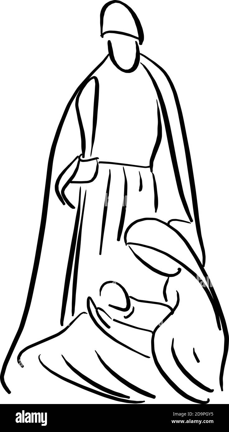 Presepe scena con Sacra Famiglia vettore illustrazione schizzo doodle mano tracciato con linee nere isolate su sfondo bianco Illustrazione Vettoriale