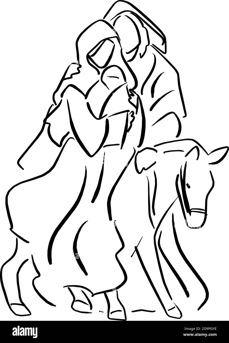 Presepe scena del bambino Gesù nel braccio di Maria e Giuseppe con l'illustrazione vettoriale asino schizzo doodle mano disegnata con nero linee isolate su sfondo bianco Illustrazione Vettoriale