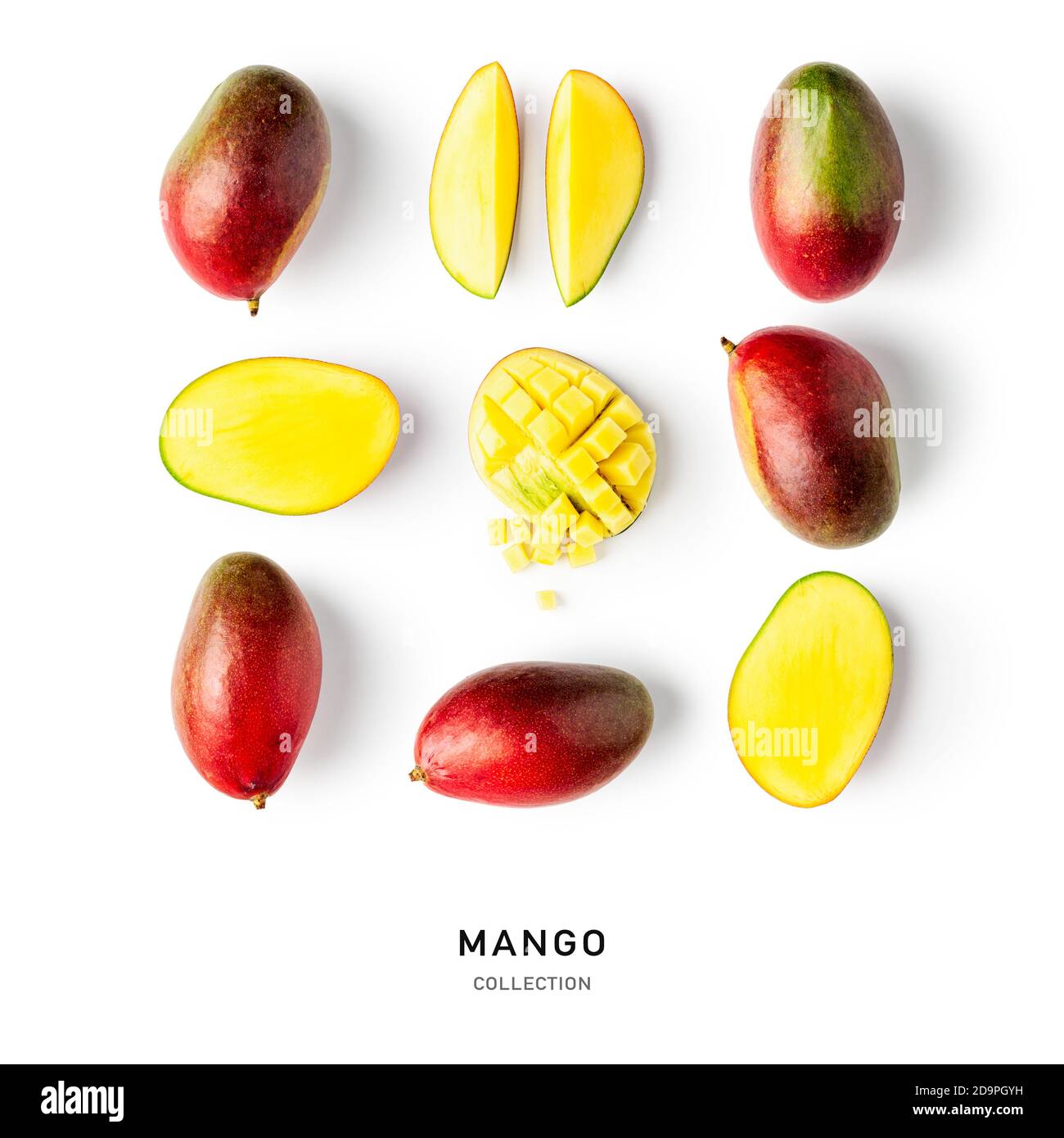 Mango Fruit creativo motivo senza giunture e collezione isolati su sfondo bianco. Cibo, cibo sano e concetto di dieta. Arrangieme di frutta tropicale Foto Stock