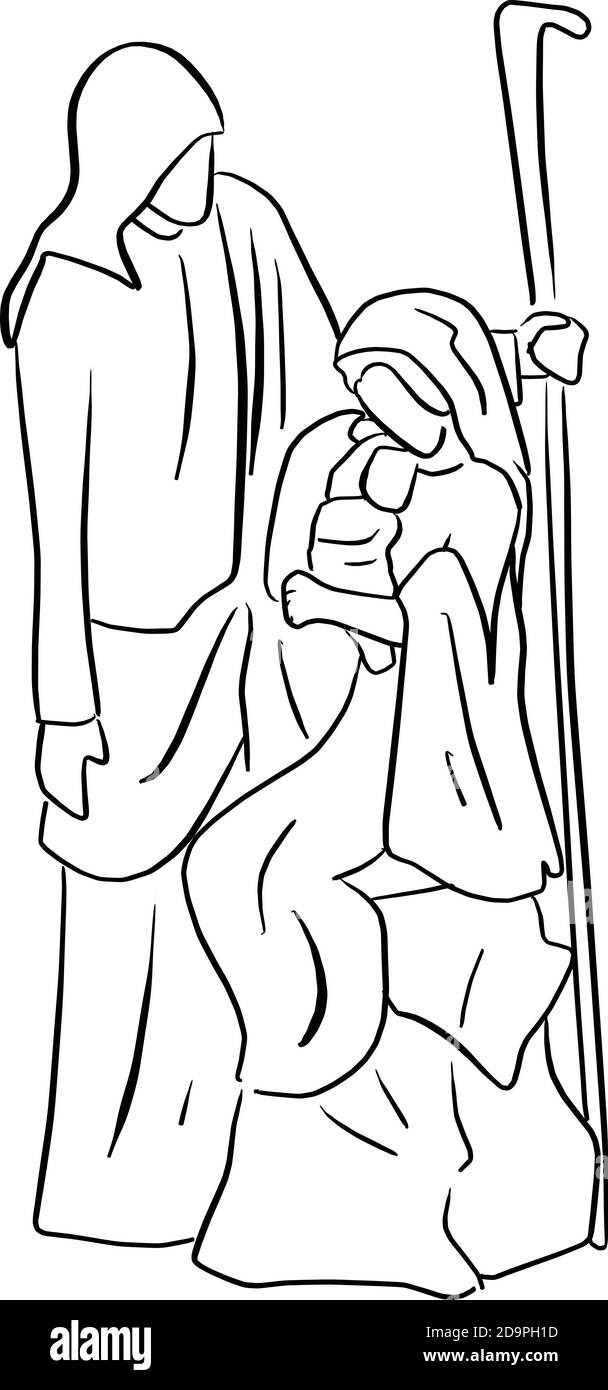 Presepe scena del bambino Gesù nel braccio di Maria con Joseph vettore illustrazione schizzo doodle mano disegnata con linee nere isolate su sfondo bianco. Illustrazione Vettoriale