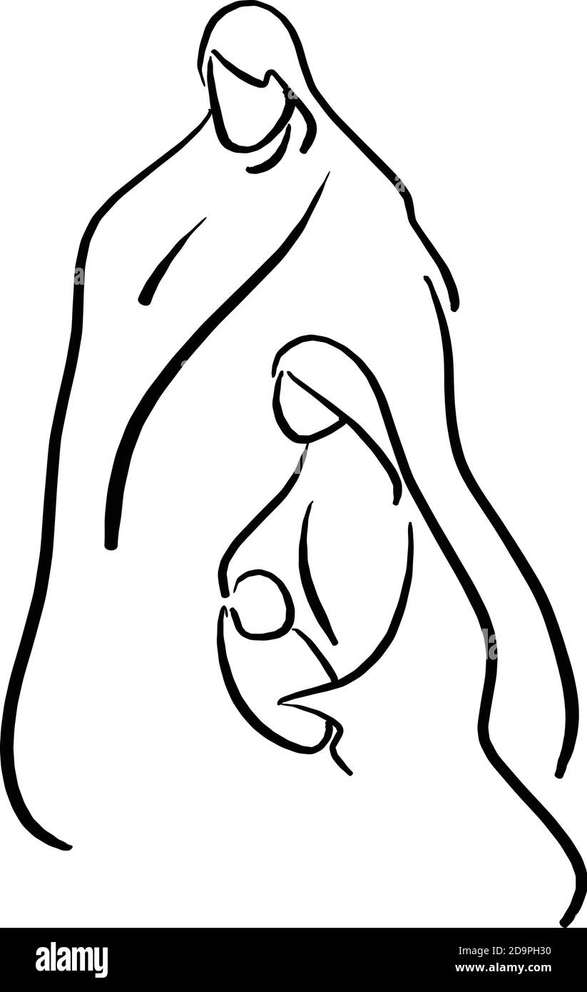 Presepio natalizio di Giuseppe e Maria che tiene il bambino Gesù illustrazione vettoriale schizzo doodle mano disegnata con linee nere isolate su sfondo bianco Illustrazione Vettoriale
