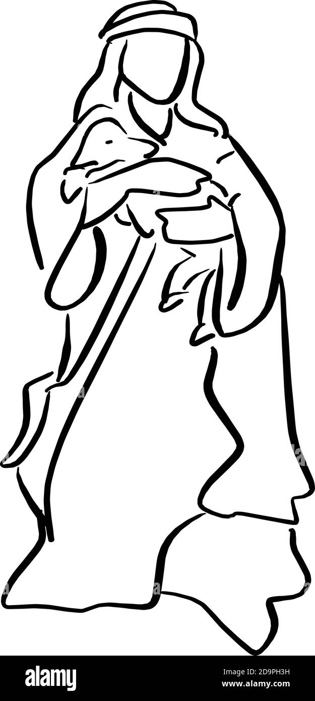 shepherd che tiene una pecora in disegno vettoriale di presepe doodle mano disegnata con linee nere isolate su sfondo bianco Illustrazione Vettoriale
