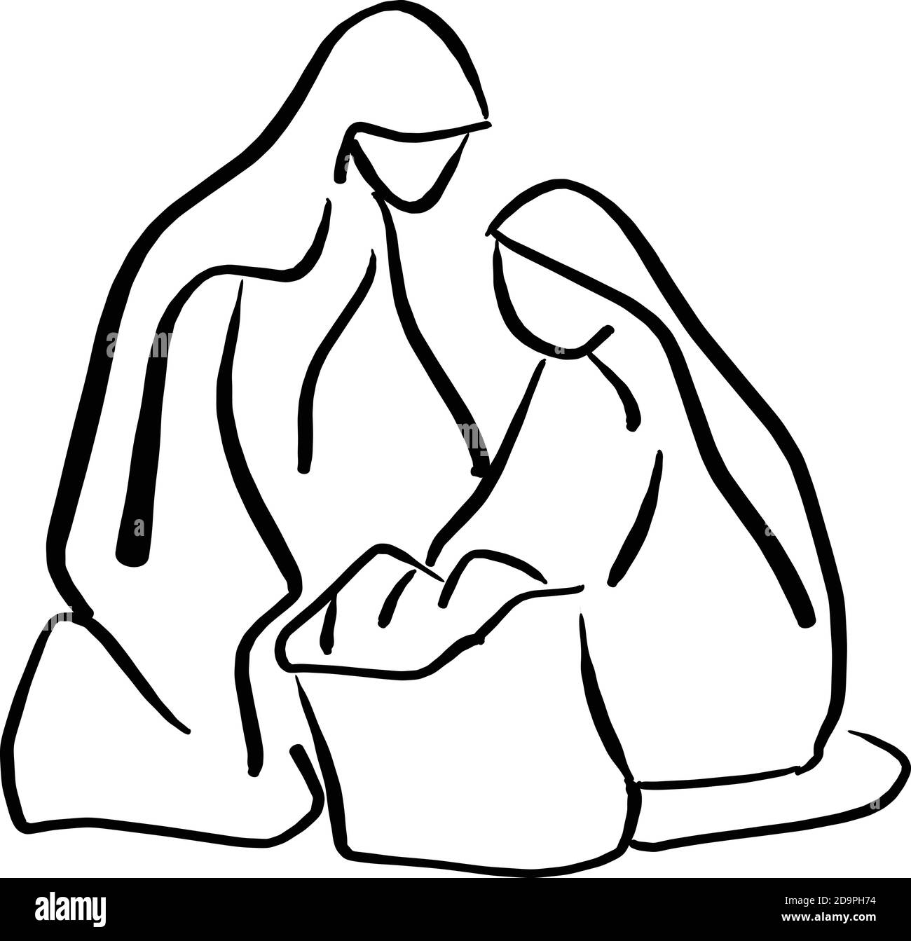 Presepe scena di Gesù bambino in mangiatoia con Maria e. Joseph silhouette vettore illustrazione schizzo doodle mano disegnata con nero linee isolate su bianco Illustrazione Vettoriale