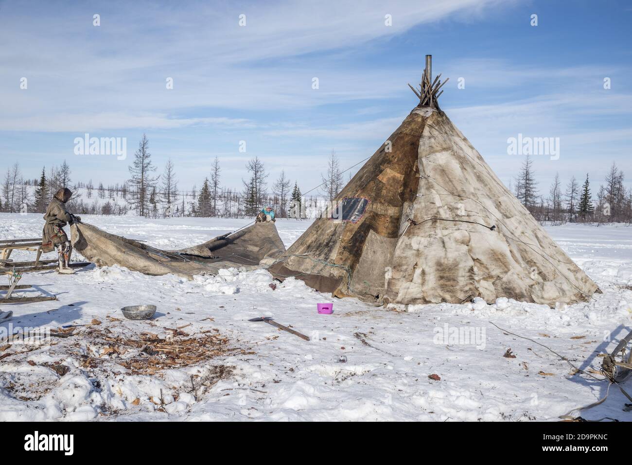 Una famiglia Nenets smantellare una tenda tradizionale per la migrazione, Yamalo-Nenets Autonomous Okrug, Russia Foto Stock
