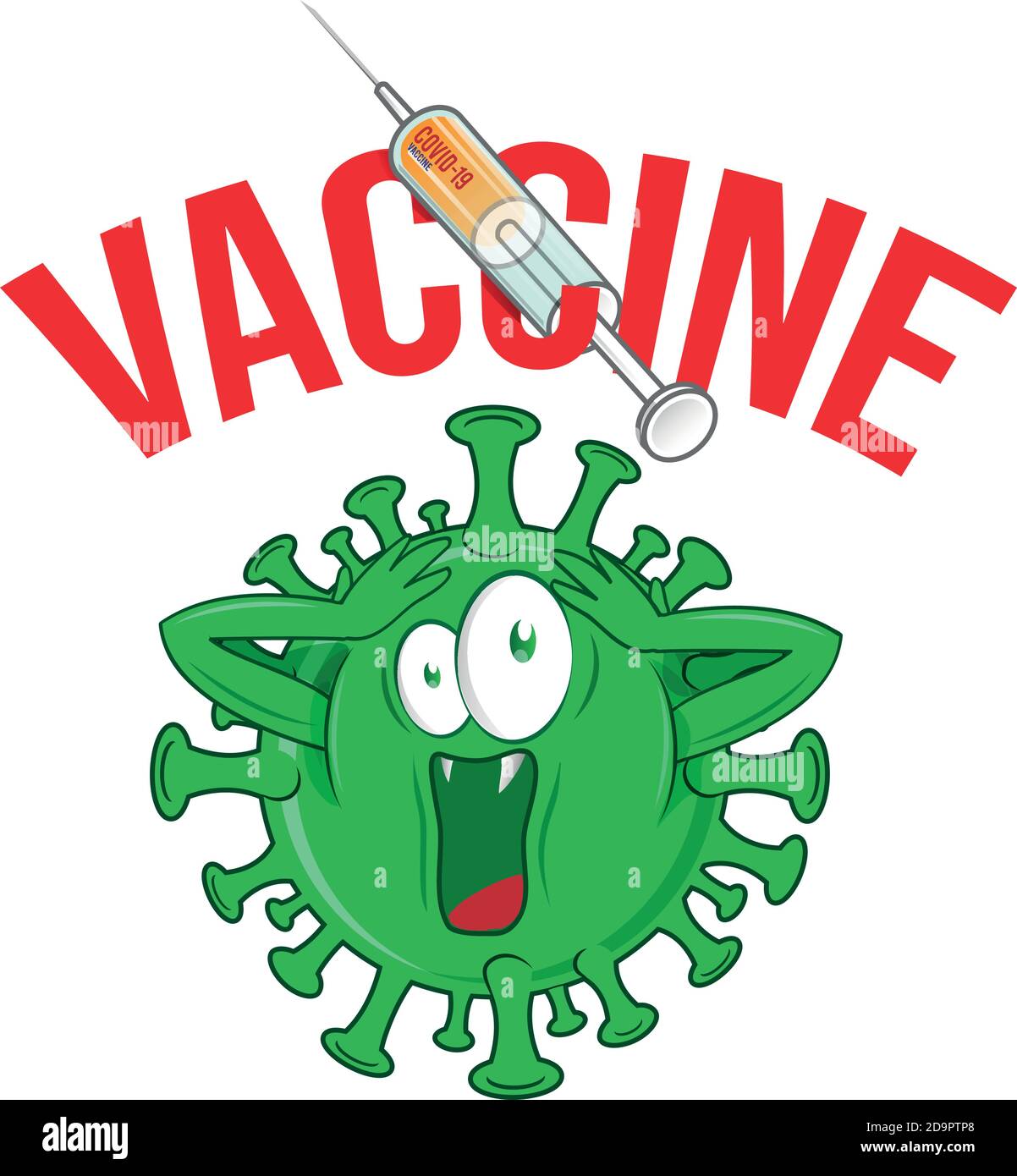 Covid19 cartone animato coronavirus con iniezione in siringa di vaccino. Illustrazione Vettoriale