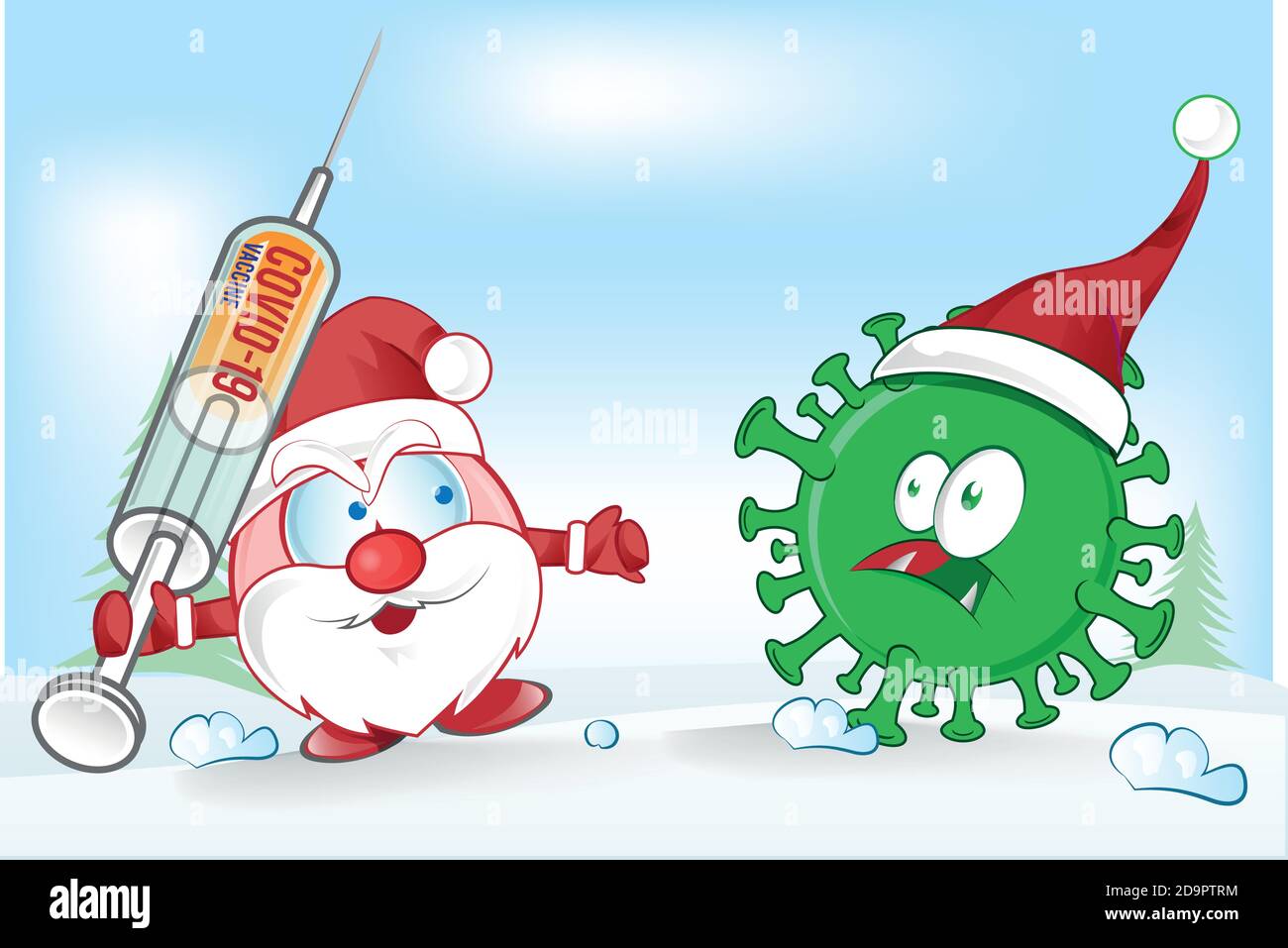 babbo natale mascotte lotta contro il virus corona covid-19 cartone animato sfondo di natale Illustrazione Vettoriale