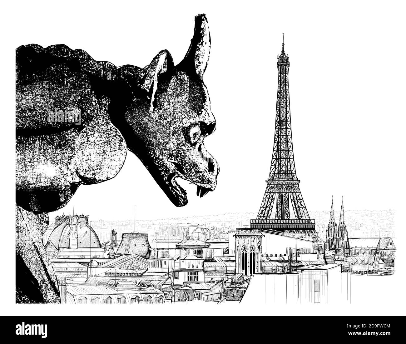 Vista panoramica aerea di Parigi con sculture di gargoyle su Notre-Dame cattedrale in Francia - illustrazione vettoriale Illustrazione Vettoriale