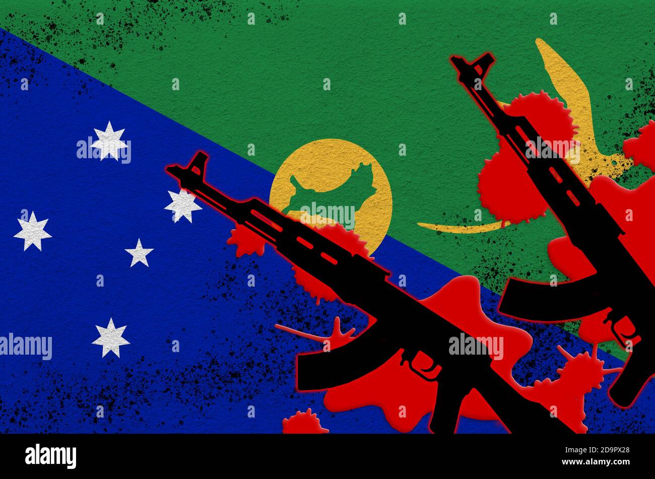 Bandiera dell'isola di Natale e due fucili neri AK-47 in sangue rosso. Concetto di attacco terroristico o operazioni militari con esito letale. Arma pericolosa Foto Stock