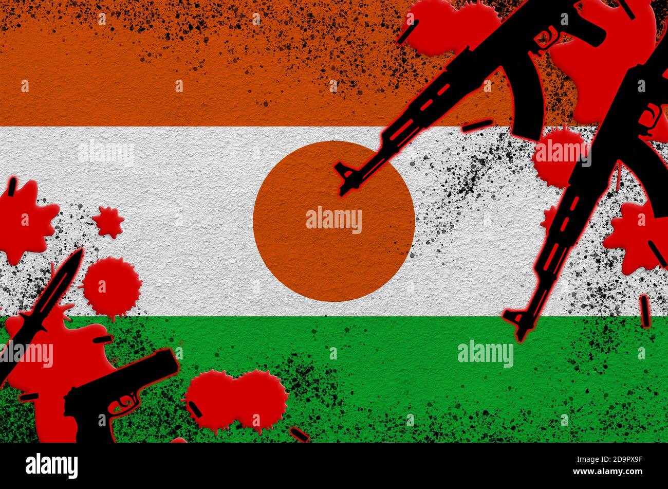 Niger bandiera e pistole in sangue rosso. Concetto di attacco terroristico e operazioni militari. Traffico di armi Foto Stock