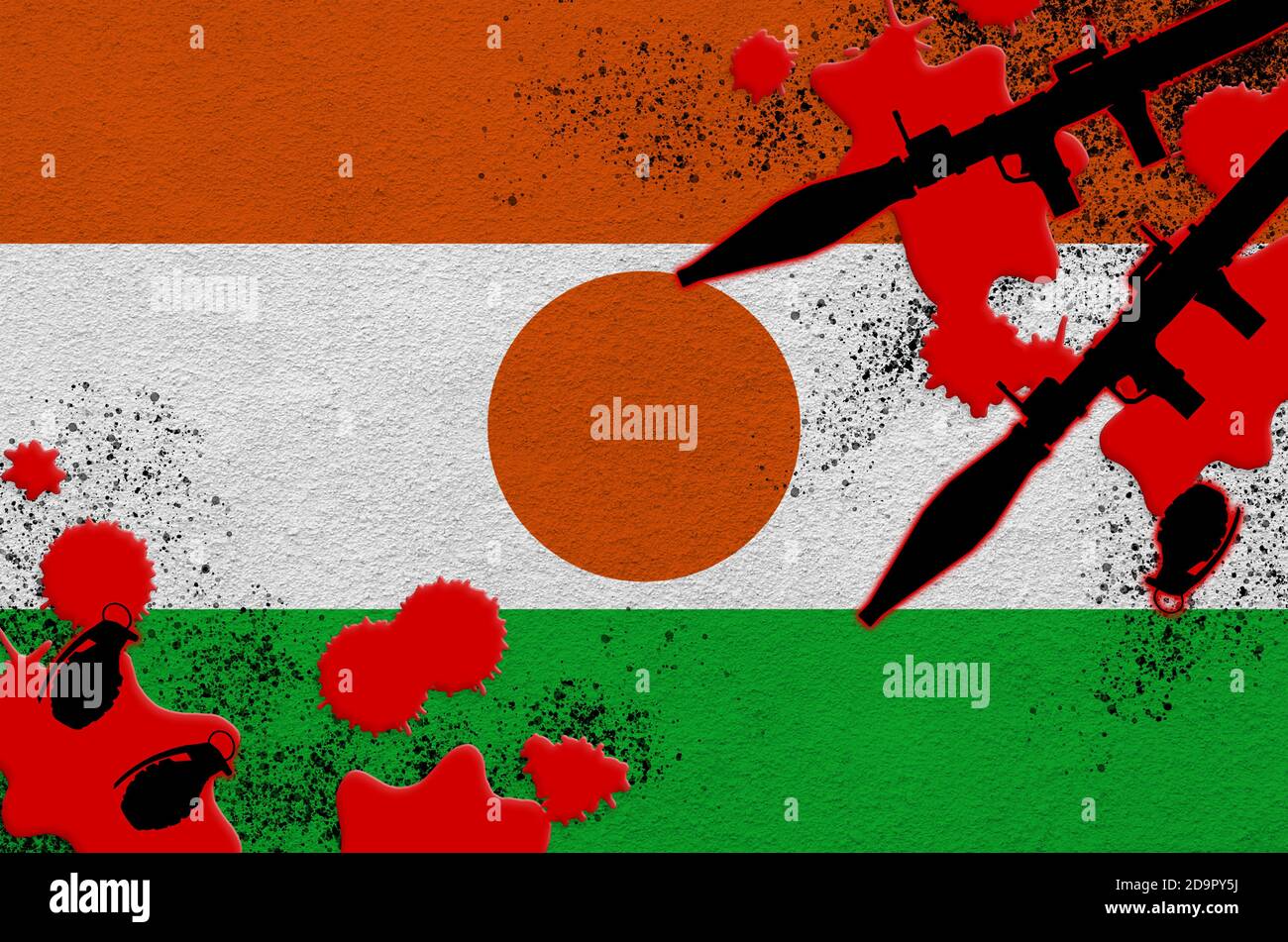 Bandiera Niger e lanciarazzi con granate nel sangue. Concetto di attacco terroristico e operazioni militari. Traffico di armi Foto Stock