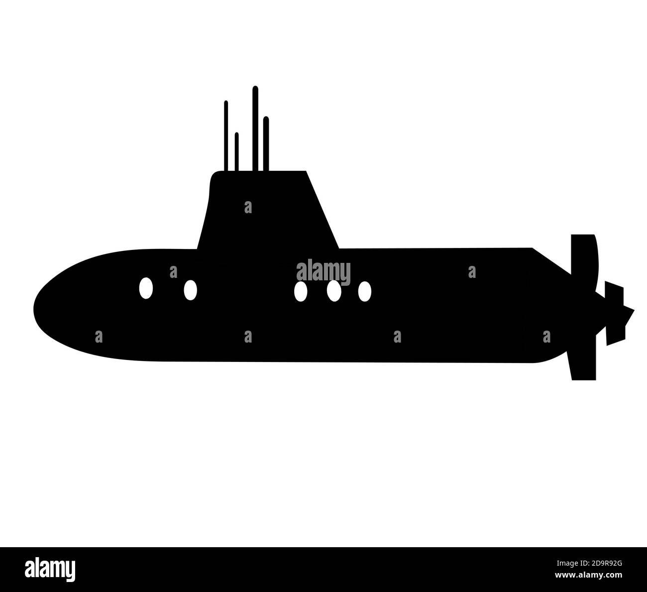Sottomarino in stile piatto, simbolo dell'arma subacquea. Icona ib colore nero. Illustrazione vettoriale isolata su sfondo bianco. Illustrazione Vettoriale