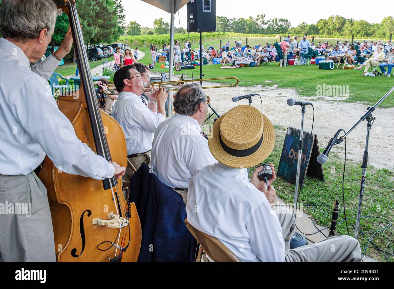 Louisiana Northshore, Mandeville Pontchartrain Vineyards, Jazz'n the Vines Outdoor Concert Series, musicisti suonano intrattenimento Foto Stock